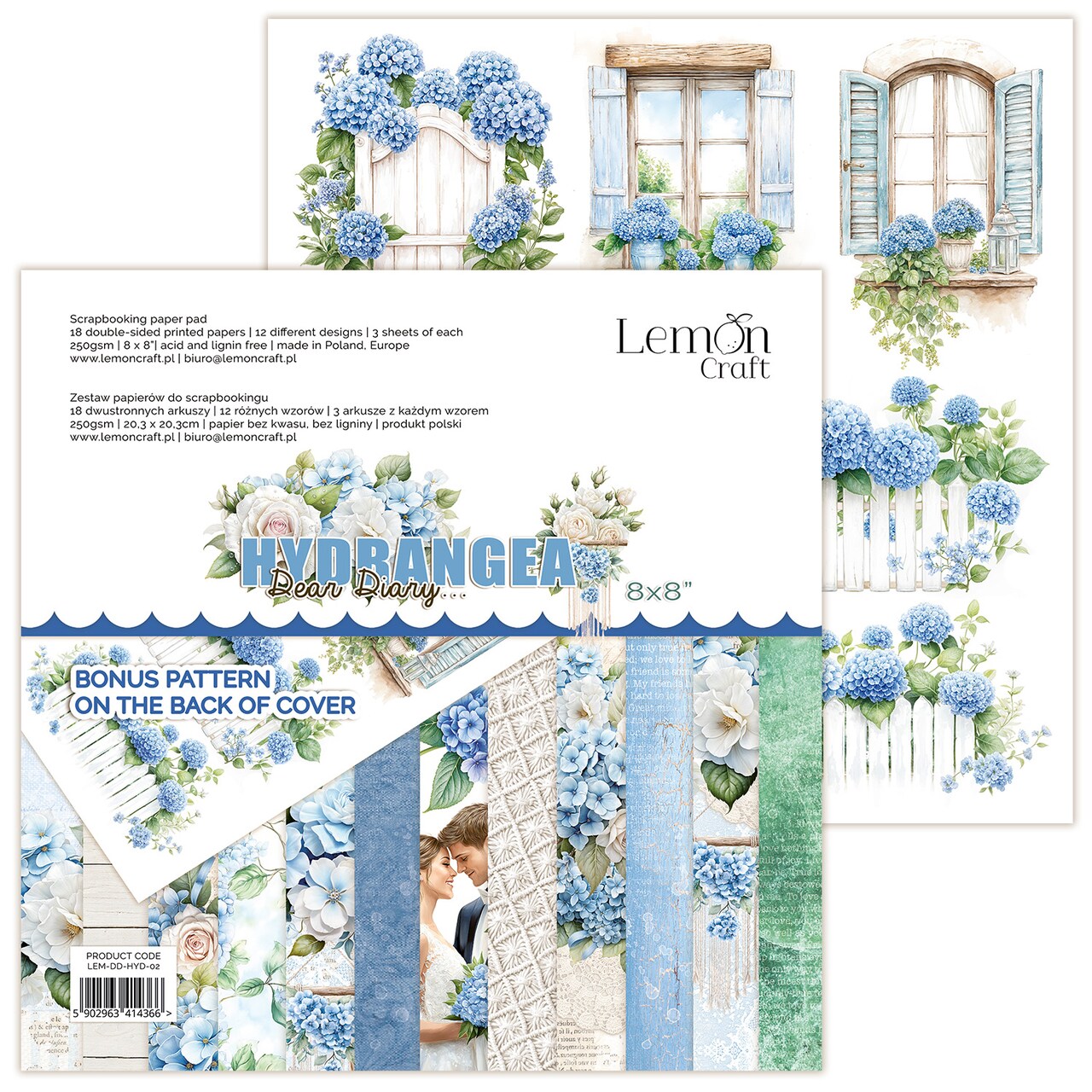 LemonCraft “Hydrangea” 8x8 Scrapbook Paper Pack | 18 Double-Sided Sheets | Blue Floral Hydrangea Designs